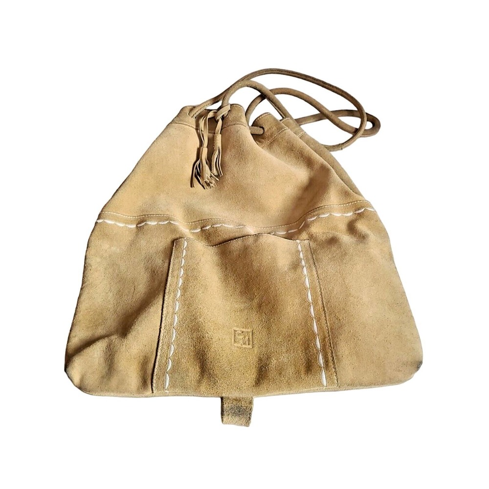 Vintage Handmade CM Beige Suede Leather Boho Drawstring Purse Bag Size‎ 16"x15"